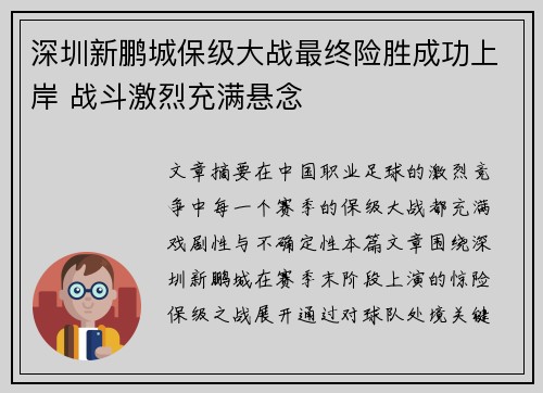 深圳新鹏城保级大战最终险胜成功上岸 战斗激烈充满悬念